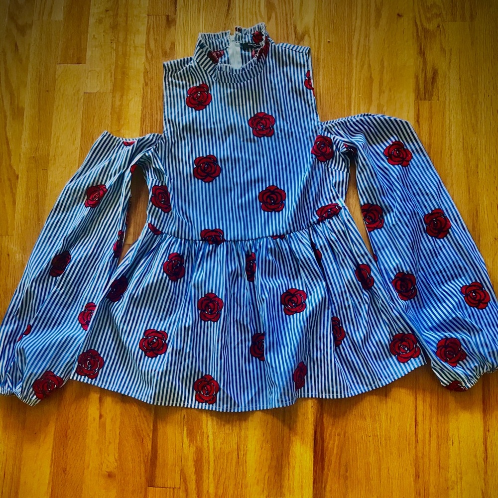 Blue & White Stripe with Roses Cold Shoulder Top